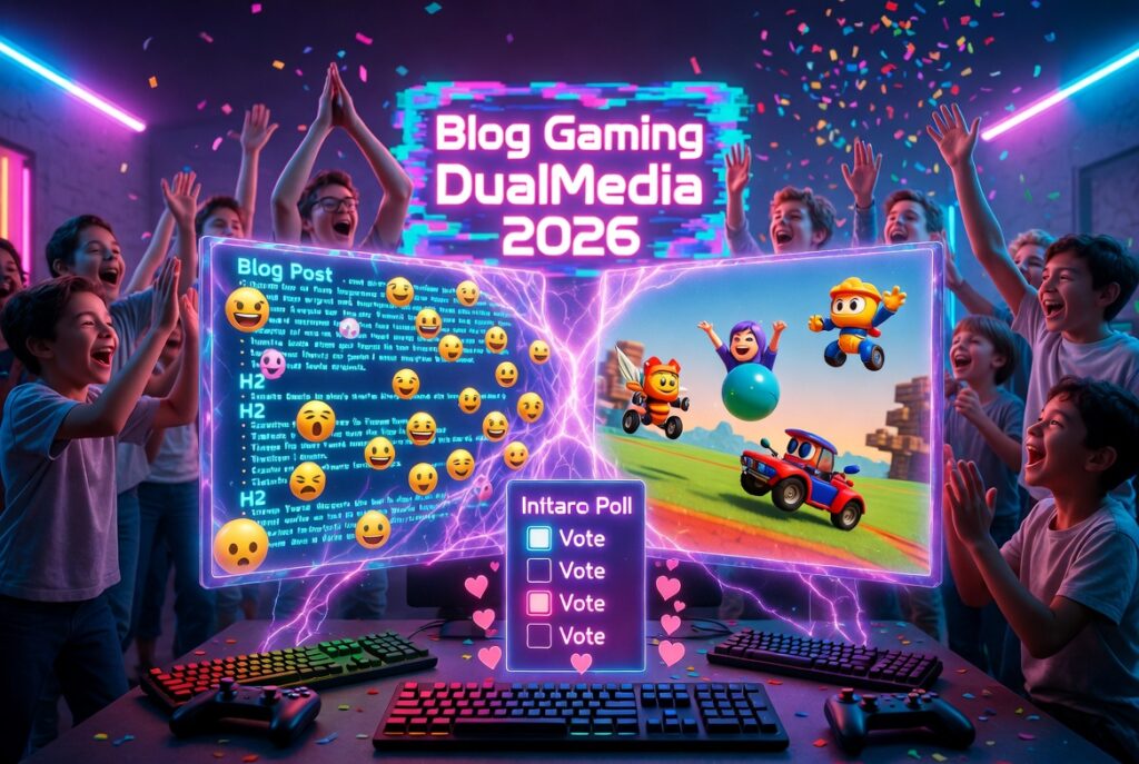 Fun vibrant Blog Gaming DualMedia 2026 hero banner with exploding text, jumping game characters and cheering gamers