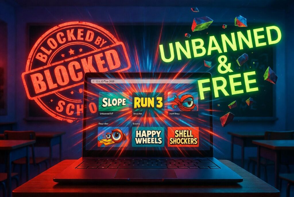 Unbanned G Plus 2026 hero image – school blocked games breaking free on Chromebook with neon gaming explosion
