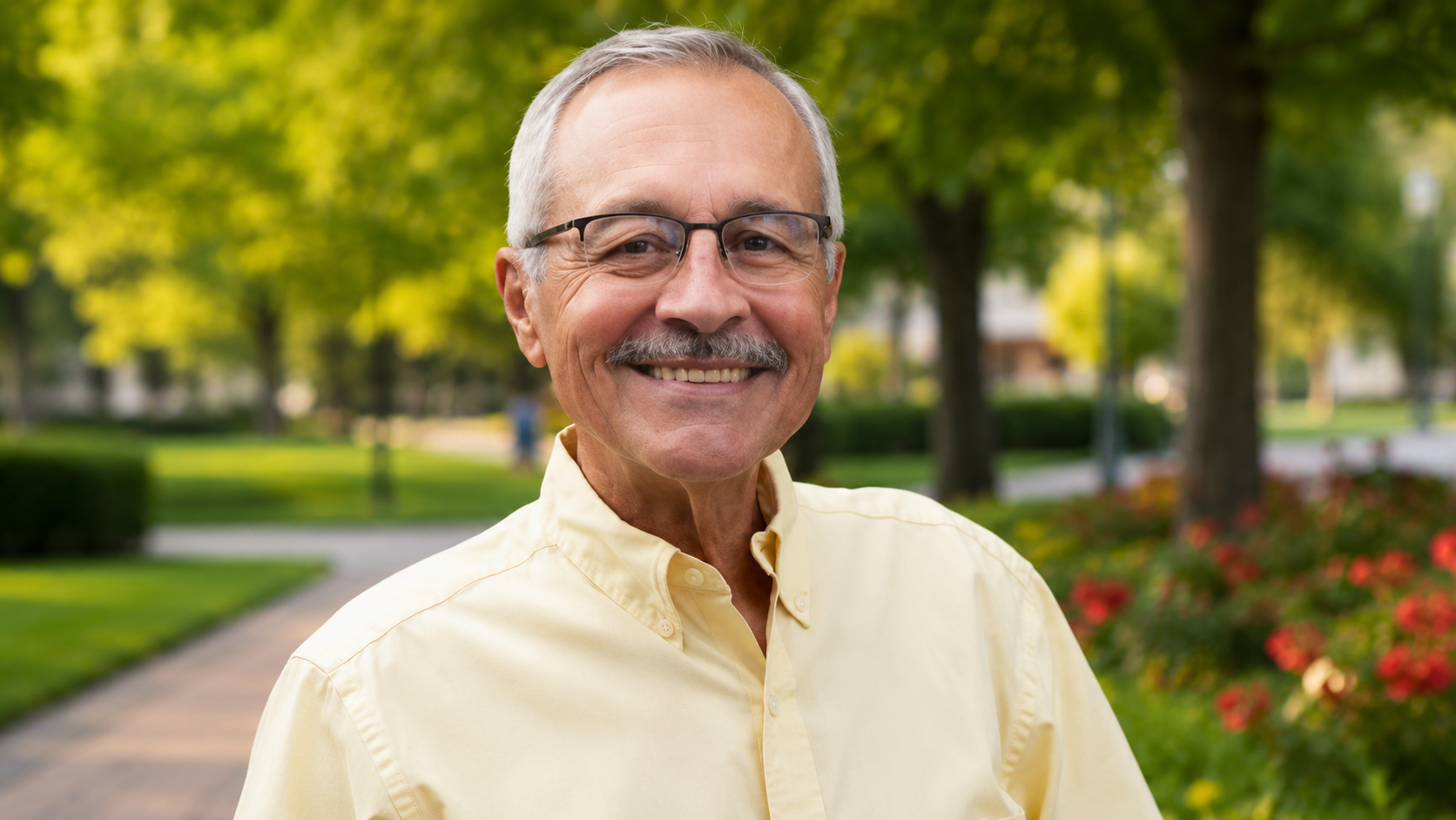 "Jesus Lechuga smiling outdoors in a professionally edited portrait, wearing glasses and a light-colored shirt, standing in a scenic park with lush greenery, colorful flowers, and a softly blurred background."
